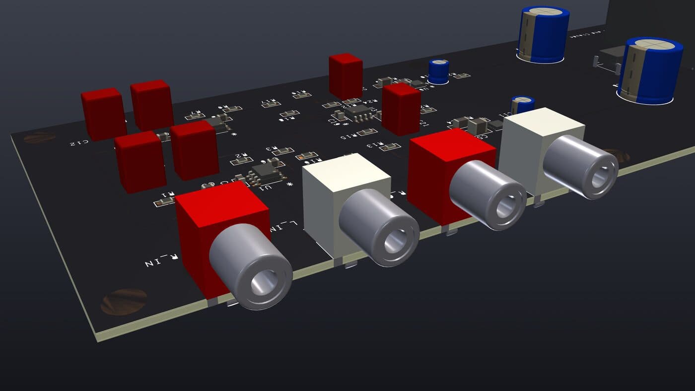 Close-up render of the four gold-plated right-angle RCA jacks at the board edge.