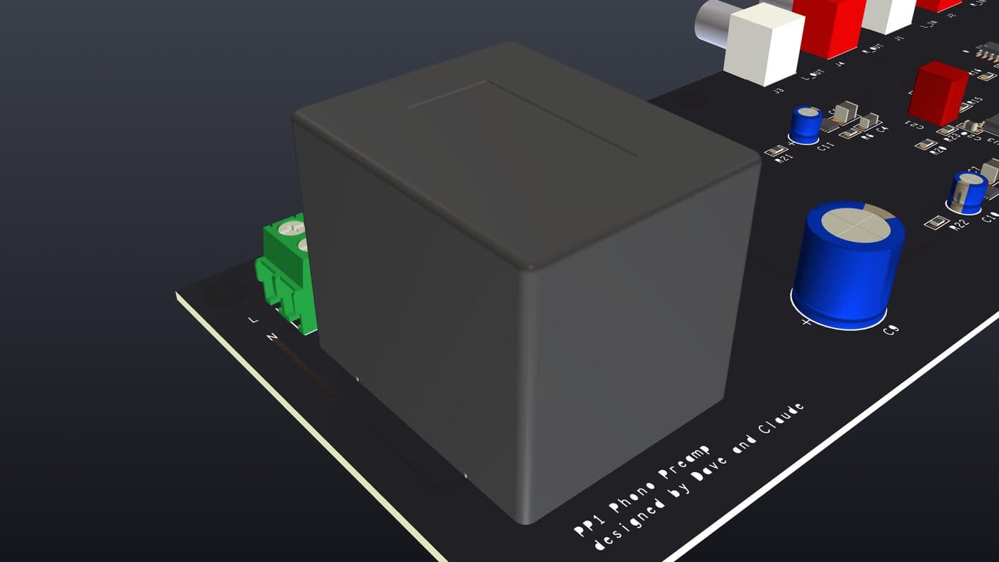 Close-up render of the mains terminal block and the boxed transformer, with the silkscreen 'PP1 Phono Preamp, designed by Dave and Claude' in the foreground.