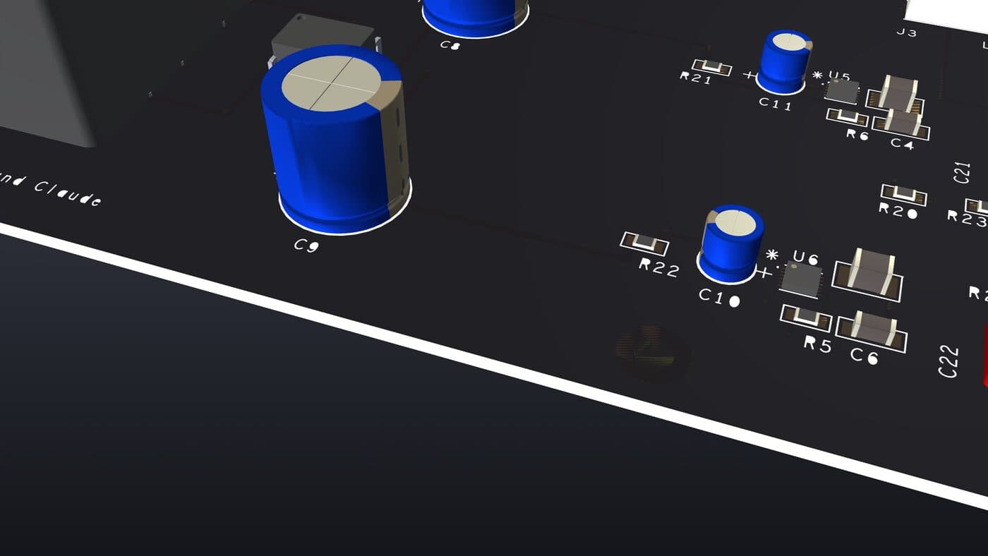 Close-up render of the two large blue electrolytic capacitors, two smaller electrolytics, and the two DFN-packaged regulators.