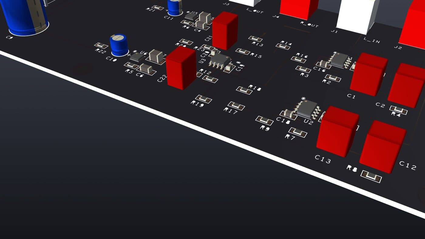 Close-up render of the two SOIC-8 op-amps surrounded by 0805 resistors and the red film capacitors of the equalisation network.