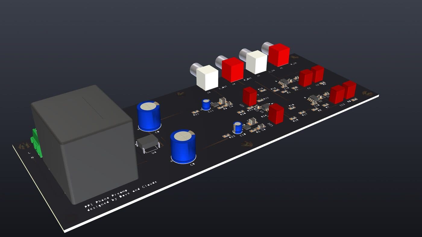 Isometric render of the PP1 board from the front-left, showing the mains terminal block and transformer nearest the camera.
