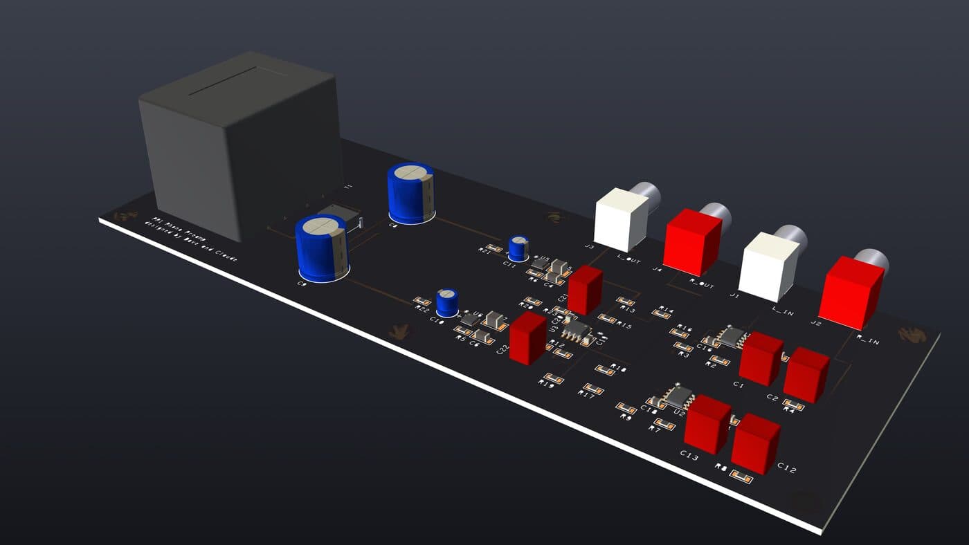 Isometric render of the PP1 board from the front-right, with the four RCA jacks nearest the camera.