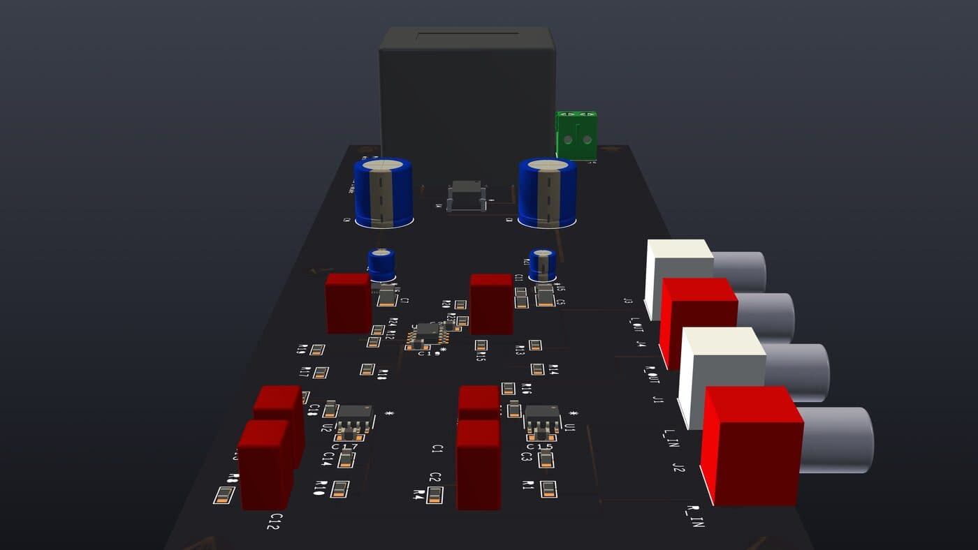 End-on render of the right end of the PP1 board, looking into the four RCA jacks.