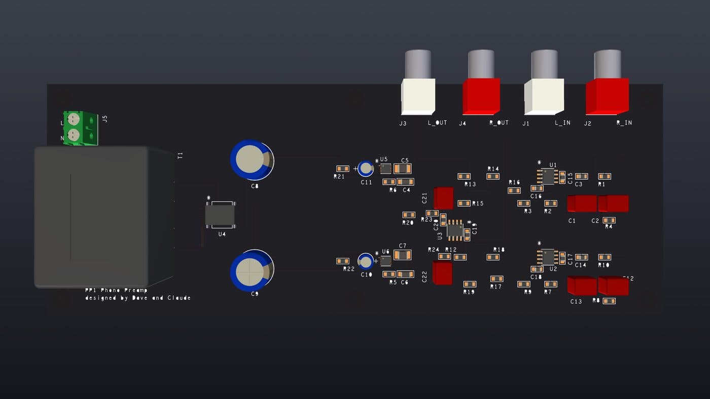 Plan view of the PP1 board from directly above, showing every component and reference designator.