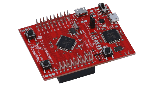 Angled product photo of the Texas Instruments EK-TM4C123GXL Tiva C Series LaunchPad: a red PCB reading 'Texas Instruments' and 'Tiva C Series LaunchPad', with a TM4C123GH6PM microcontroller, two micro-USB connectors labeled DEVICE and DEBUG, two push-button switches, a reset button, and stackable BoosterPack headers along the top and bottom edges.