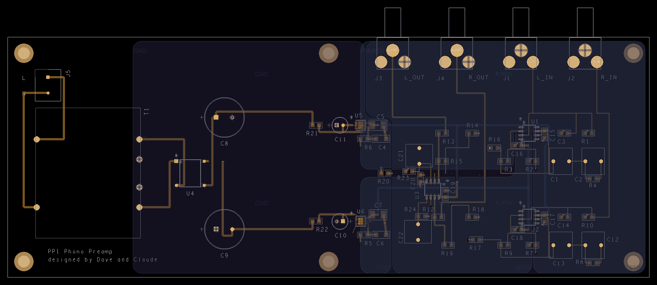 Allegro PCB Editor layout of the PP1 phono preamplifier: a four-layer board with a mains transformer and power supply on the left, dual op-amp gain stages in the center, and left/right RCA input and output jacks on the right. The silkscreen reads 'PP1 Phono Preamp, designed by Dave and Claude.'