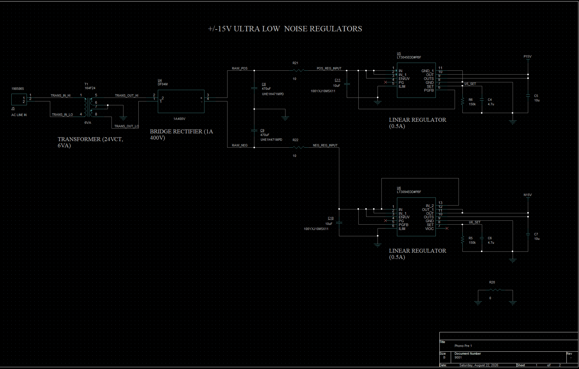OrCAD Capture schematic page titled plus and minus 15 volt ultra low noise regulators. A mains terminal block feeds a centre-tapped transformer, then a bridge rectifier and two reservoir capacitors, feeding a positive and a negative linear regulator each with a set resistor and output capacitors.