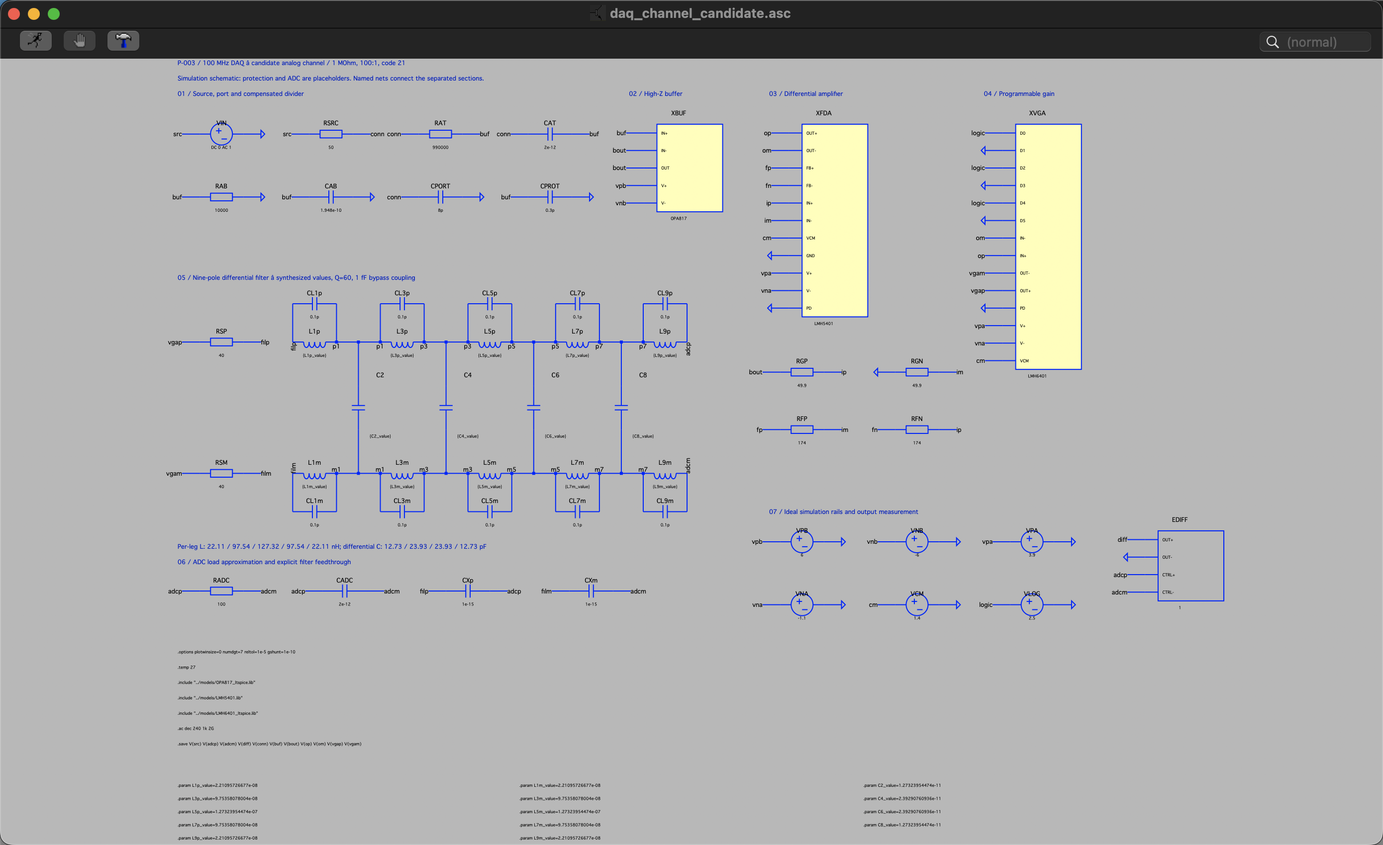 Direct LTspice application screenshot showing daq_channel_candidate.asc open in its schematic editor, including the window title, native symbols, wiring and simulation directives.